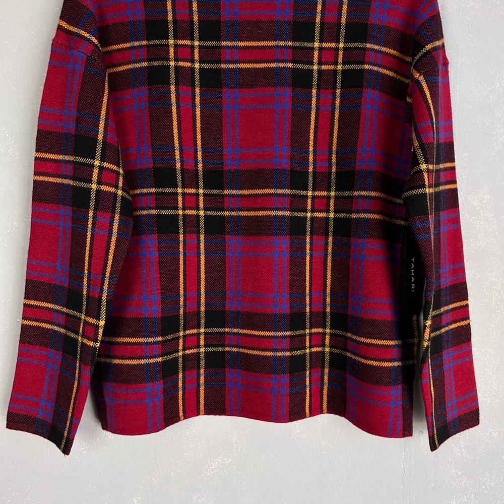 Tahari size L high neck long sleeve knit sweater red yellow black blue plaid NWT - Picture 4 of 9